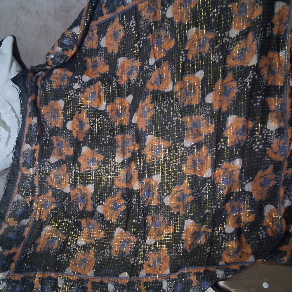 Metallic Fringe India Vtg Nw Floral Patterned Scarf